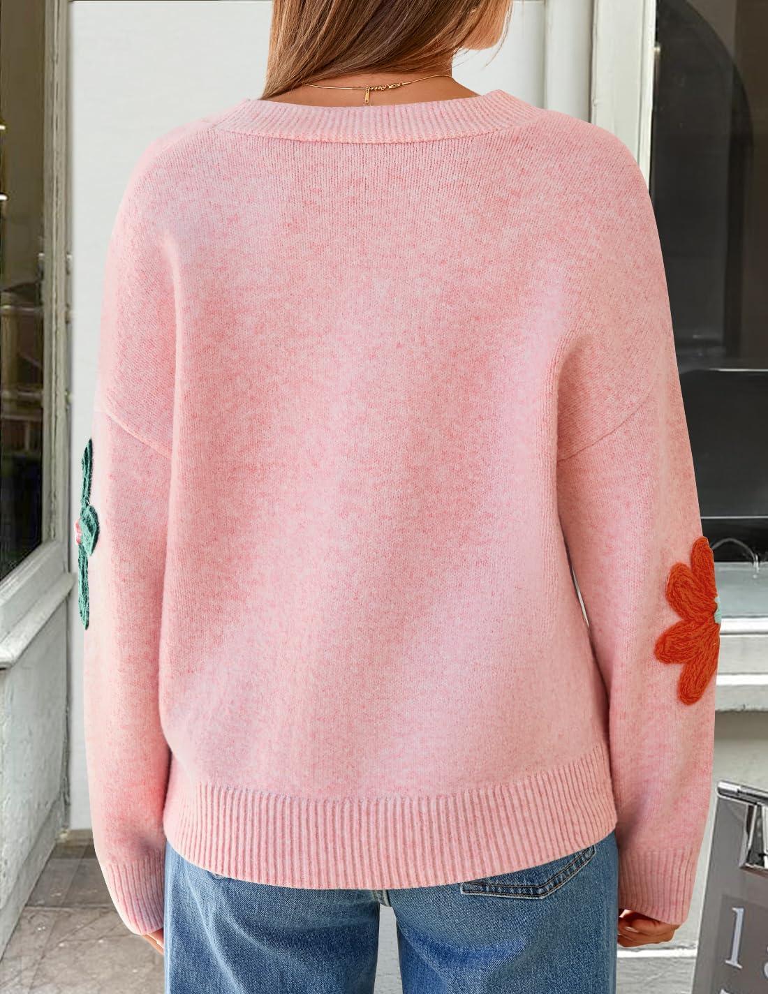 imageZESICA Womens Fall Floral Cardigan Sweaters 2025 Casual Long Sleeve Open Front Button Down V Neck Knit SweaterPink