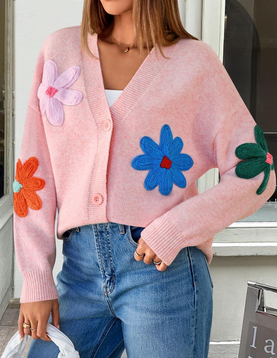 imageZESICA Womens Fall Floral Cardigan Sweaters 2025 Casual Long Sleeve Open Front Button Down V Neck Knit SweaterPink