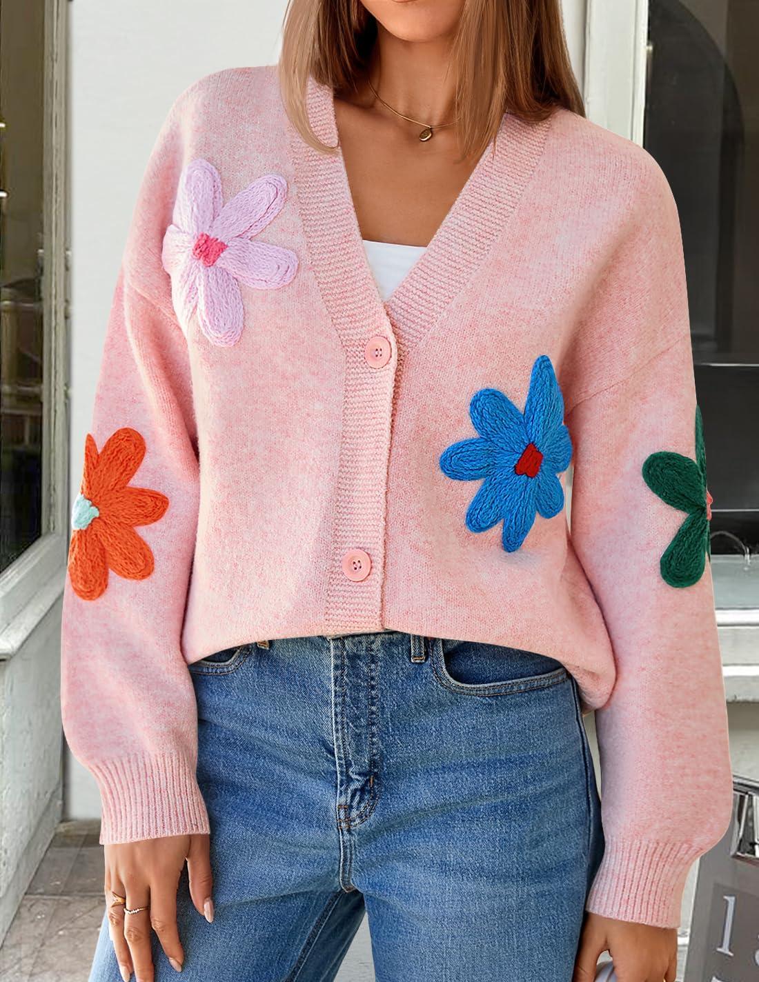imageZESICA Womens Fall Floral Cardigan Sweaters 2025 Casual Long Sleeve Open Front Button Down V Neck Knit SweaterPink