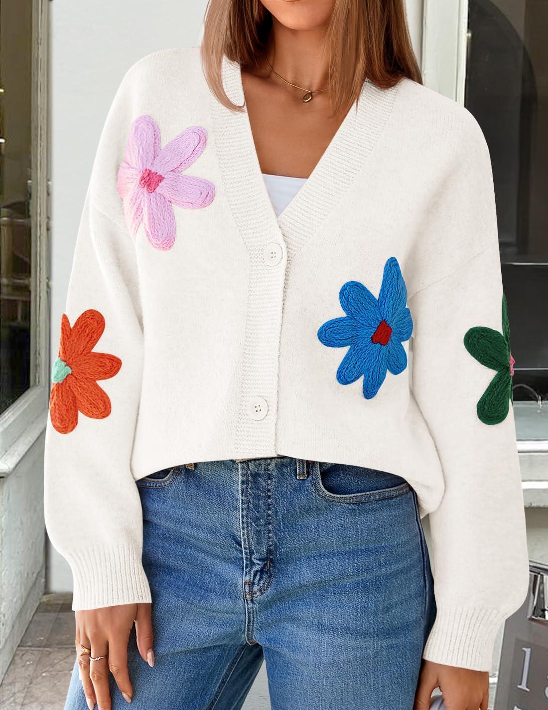 imageZESICA Womens Fall Floral Cardigan Sweaters 2025 Casual Long Sleeve Open Front Button Down V Neck Knit SweaterWhite