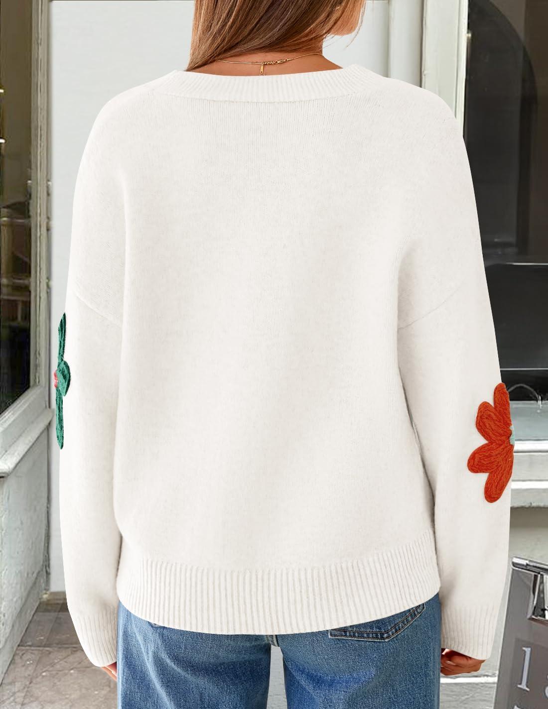 imageZESICA Womens Fall Floral Cardigan Sweaters 2025 Casual Long Sleeve Open Front Button Down V Neck Knit SweaterWhite