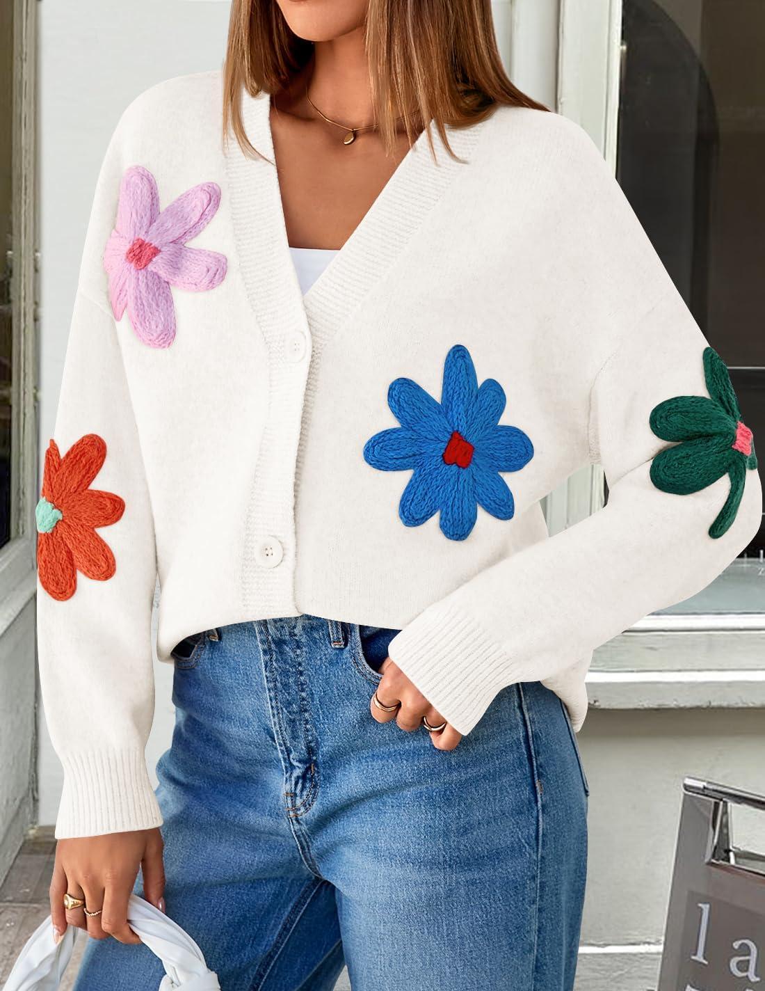 imageZESICA Womens Fall Floral Cardigan Sweaters 2025 Casual Long Sleeve Open Front Button Down V Neck Knit SweaterWhite