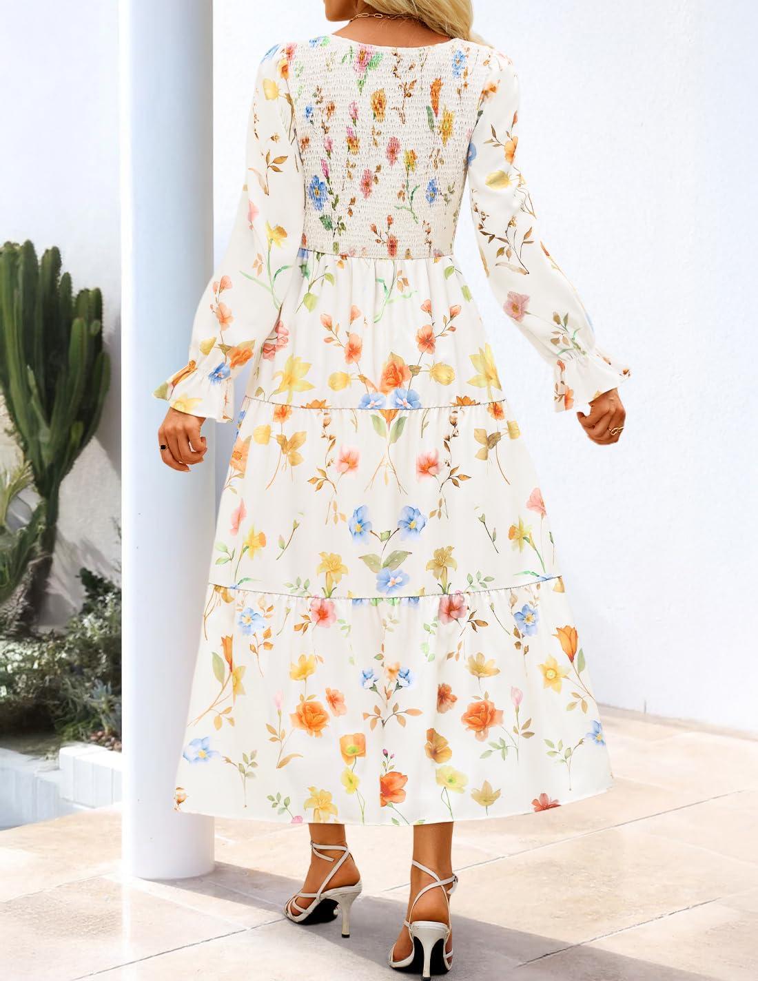 imageZESICA Womens Fall Long Sleeve Floral Boho Dress 2025 Casual V Neck ALine Flowy Wedding Guest Maxi DressesApricot