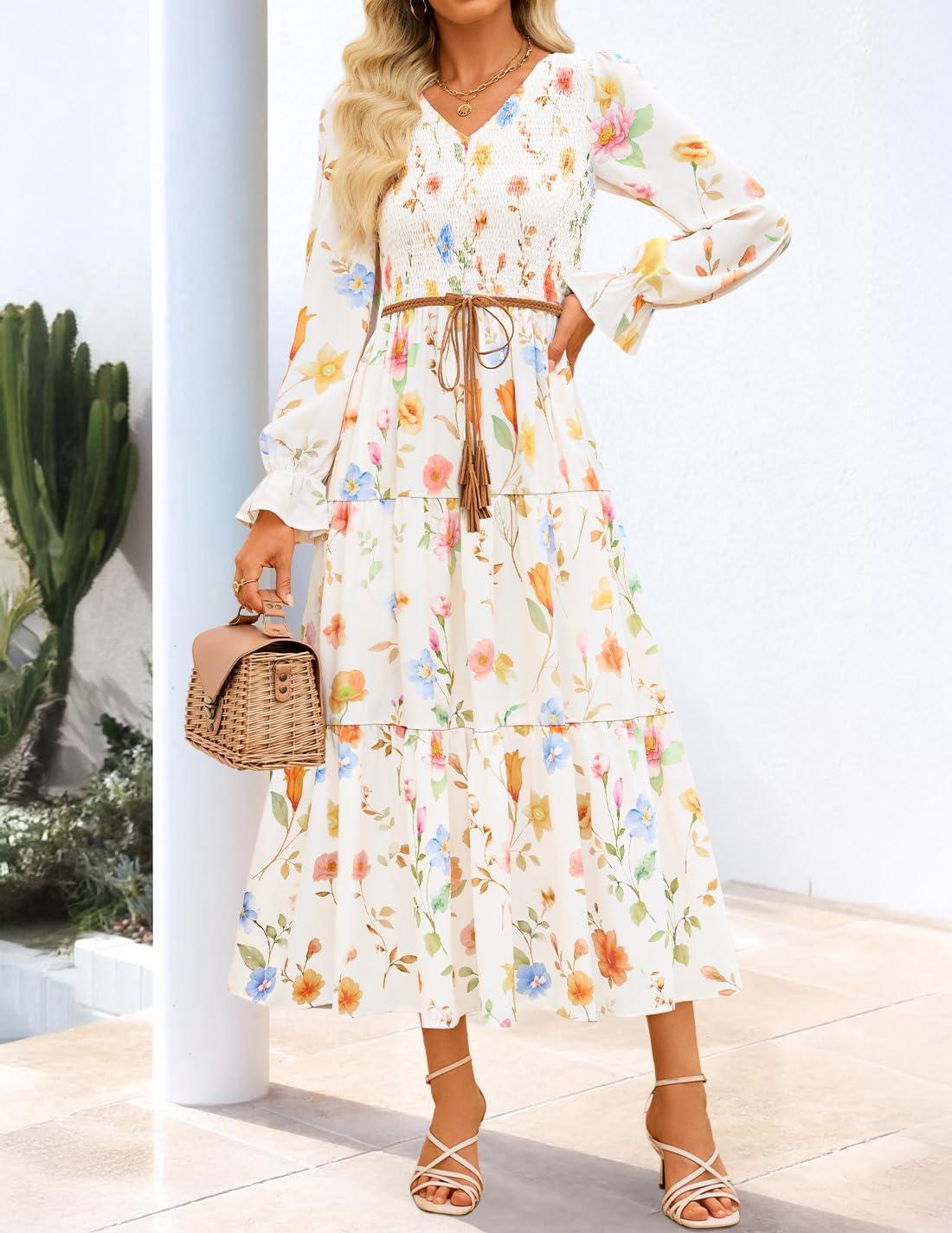 imageZESICA Womens Fall Long Sleeve Floral Boho Dress 2025 Casual V Neck ALine Flowy Wedding Guest Maxi DressesApricot