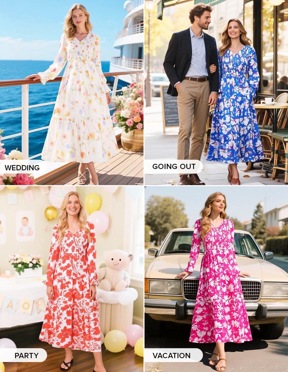 imageZESICA Womens Fall Long Sleeve Floral Boho Dress 2025 Casual V Neck ALine Flowy Wedding Guest Maxi DressesApricot
