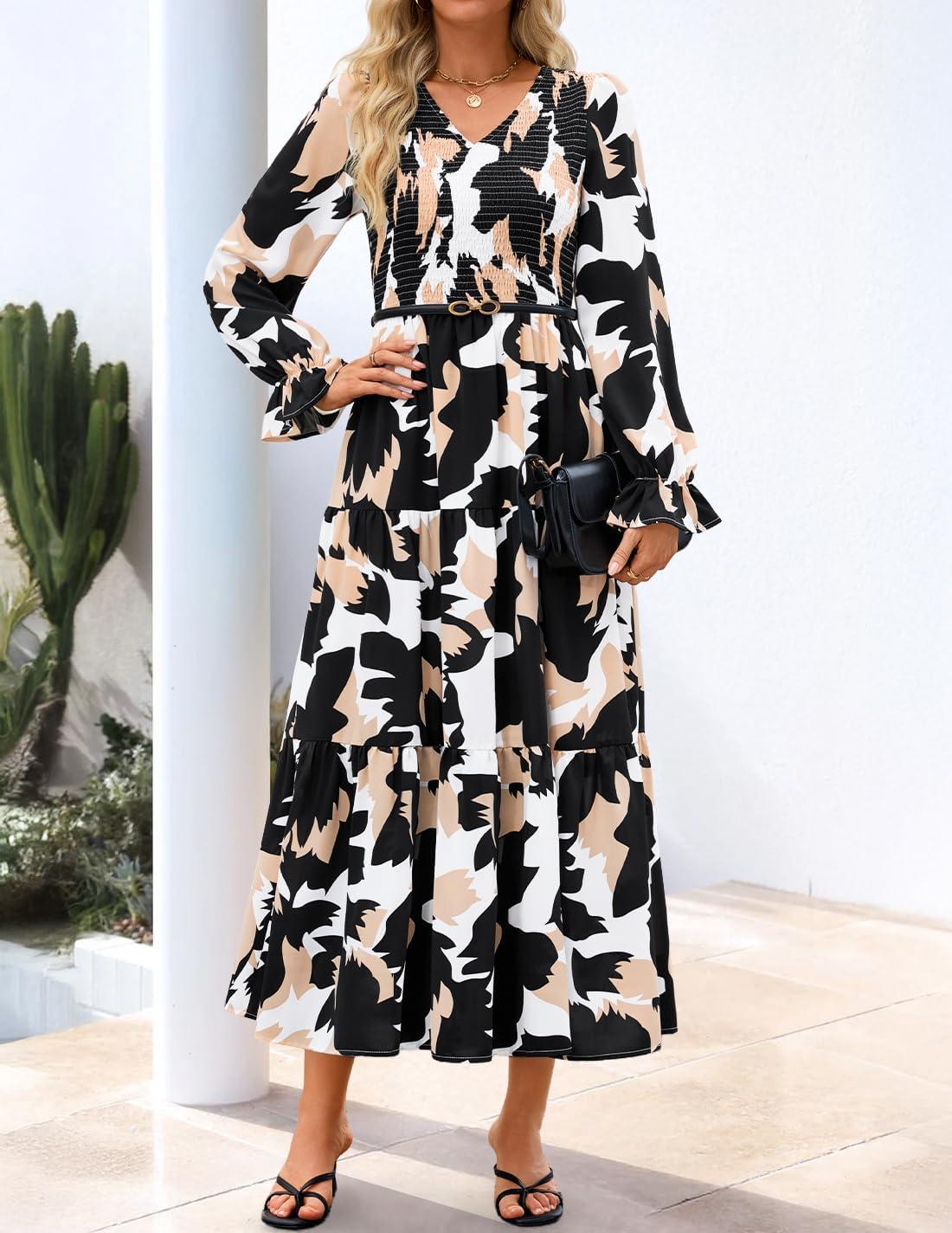 imageZESICA Womens Fall Long Sleeve Floral Boho Dress 2025 Casual V Neck ALine Flowy Wedding Guest Maxi DressesBlack