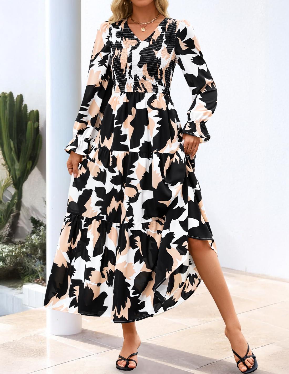imageZESICA Womens Fall Long Sleeve Floral Boho Dress 2025 Casual V Neck ALine Flowy Wedding Guest Maxi DressesBlack