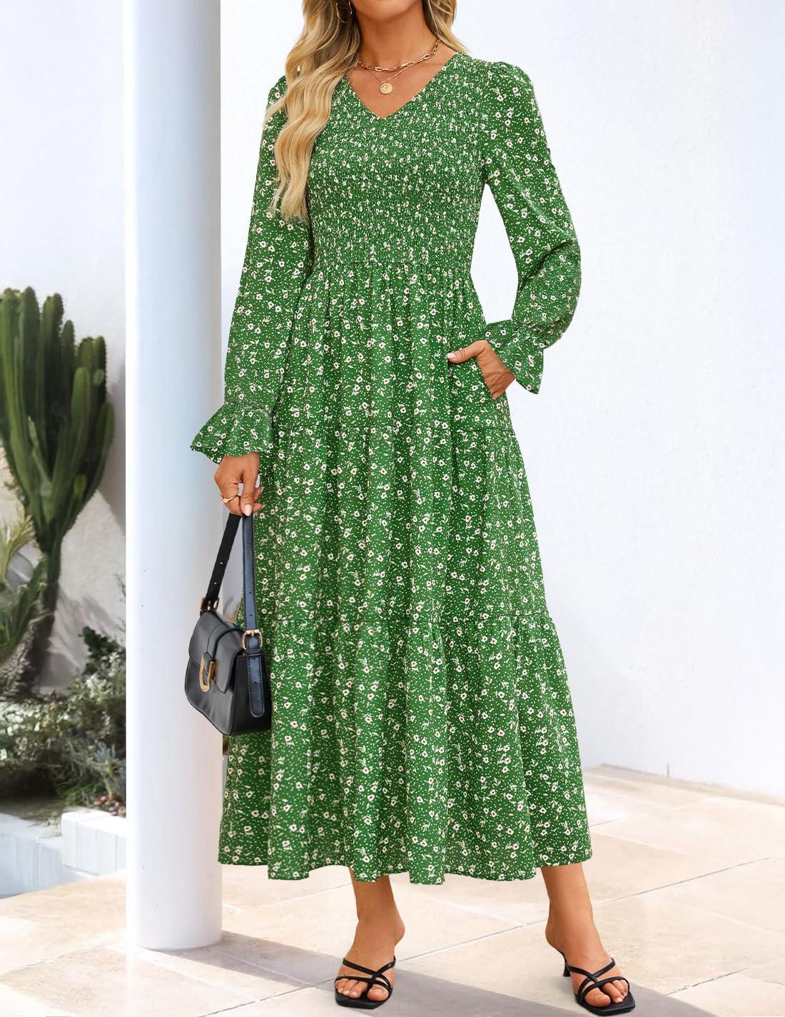 imageZESICA Womens Fall Long Sleeve Floral Boho Dress 2025 Casual V Neck ALine Flowy Wedding Guest Maxi DressesGreen