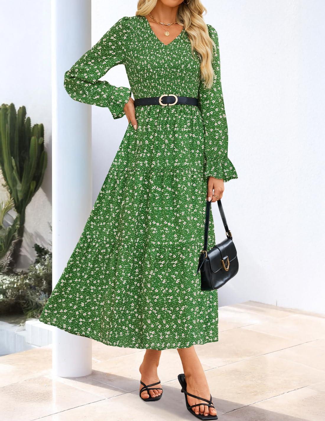 imageZESICA Womens Fall Long Sleeve Floral Boho Dress 2025 Casual V Neck ALine Flowy Wedding Guest Maxi DressesGreen