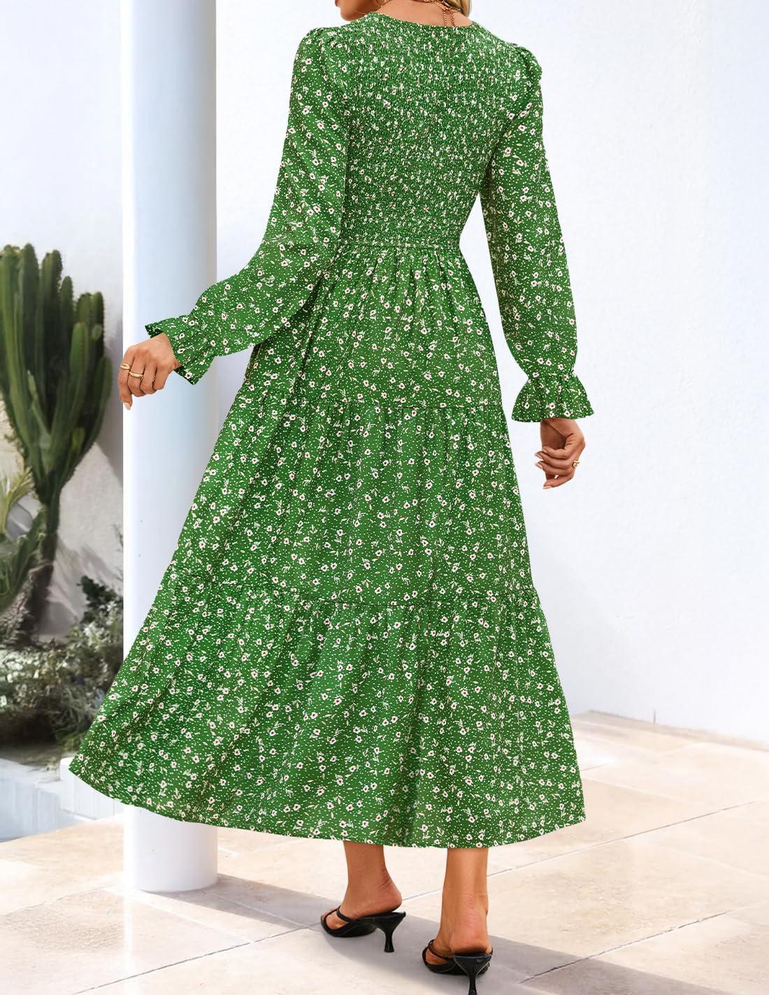 imageZESICA Womens Fall Long Sleeve Floral Boho Dress 2025 Casual V Neck ALine Flowy Wedding Guest Maxi DressesGreen