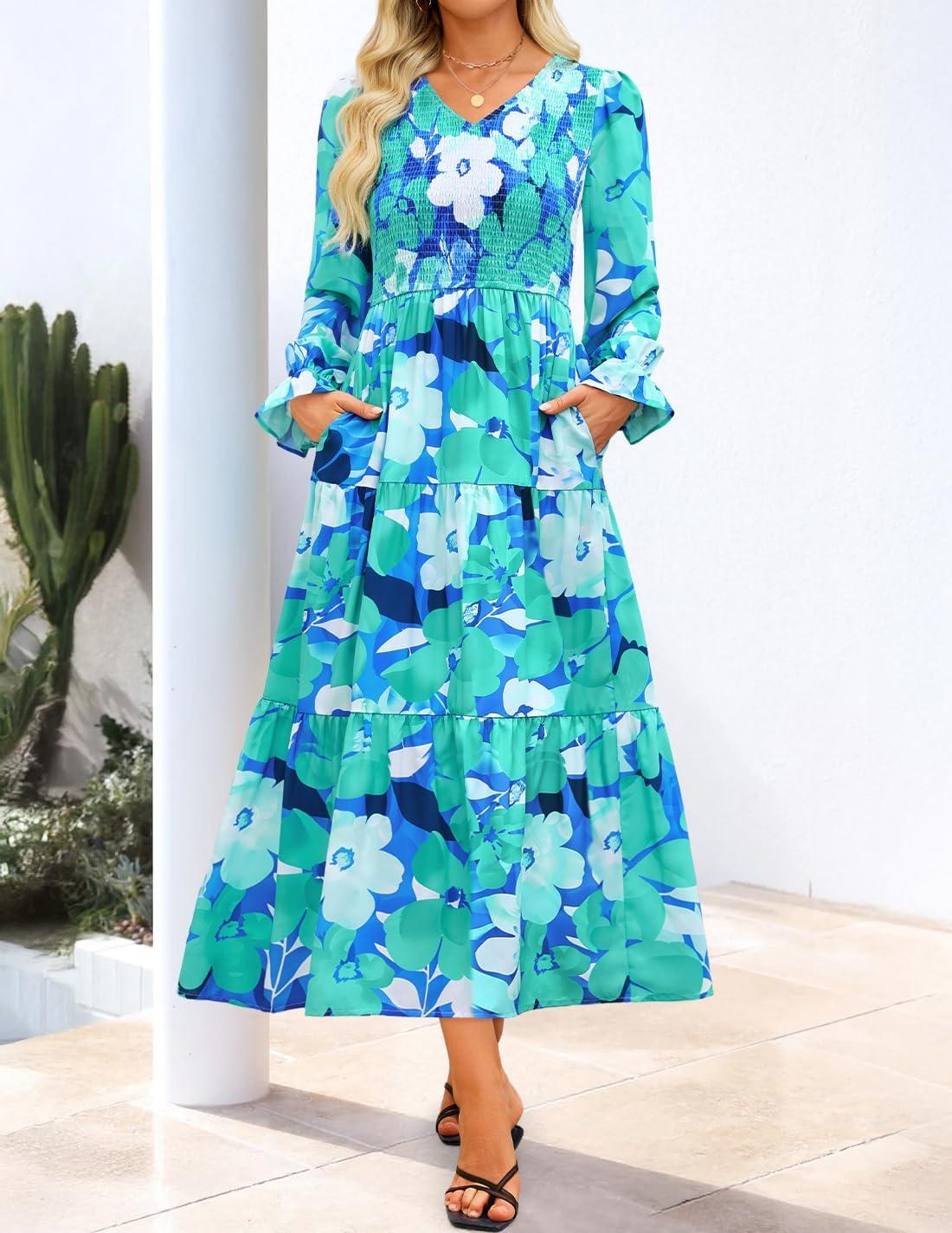 imageZESICA Womens Fall Long Sleeve Floral Boho Dress 2025 Casual V Neck ALine Flowy Wedding Guest Maxi DressesLake Blue