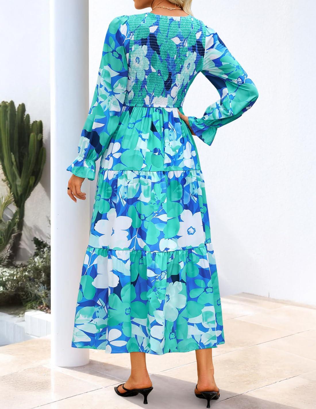 imageZESICA Womens Fall Long Sleeve Floral Boho Dress 2025 Casual V Neck ALine Flowy Wedding Guest Maxi DressesLake Blue