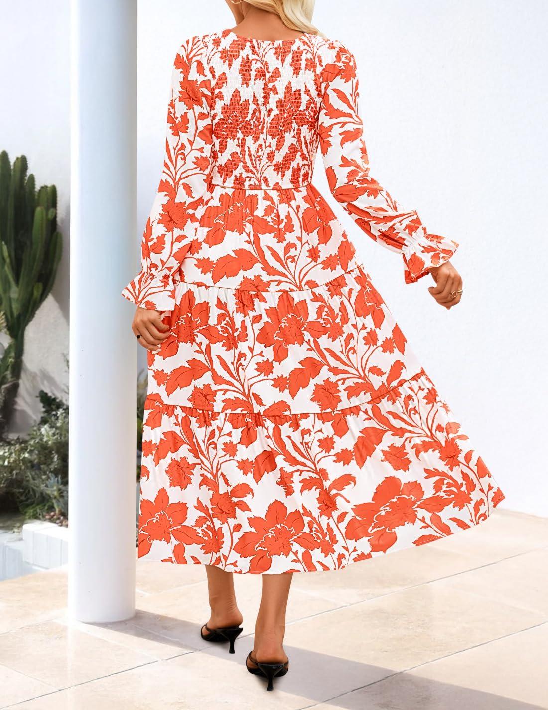 imageZESICA Womens Fall Long Sleeve Floral Boho Dress 2025 Casual V Neck ALine Flowy Wedding Guest Maxi DressesOrange