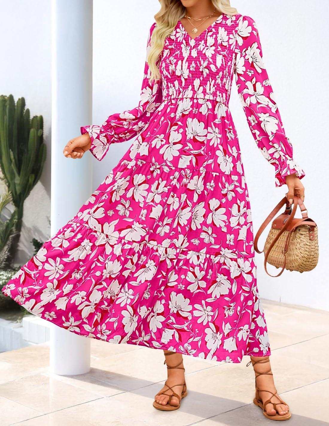 imageZESICA Womens Fall Long Sleeve Floral Boho Dress 2025 Casual V Neck ALine Flowy Wedding Guest Maxi DressesRose