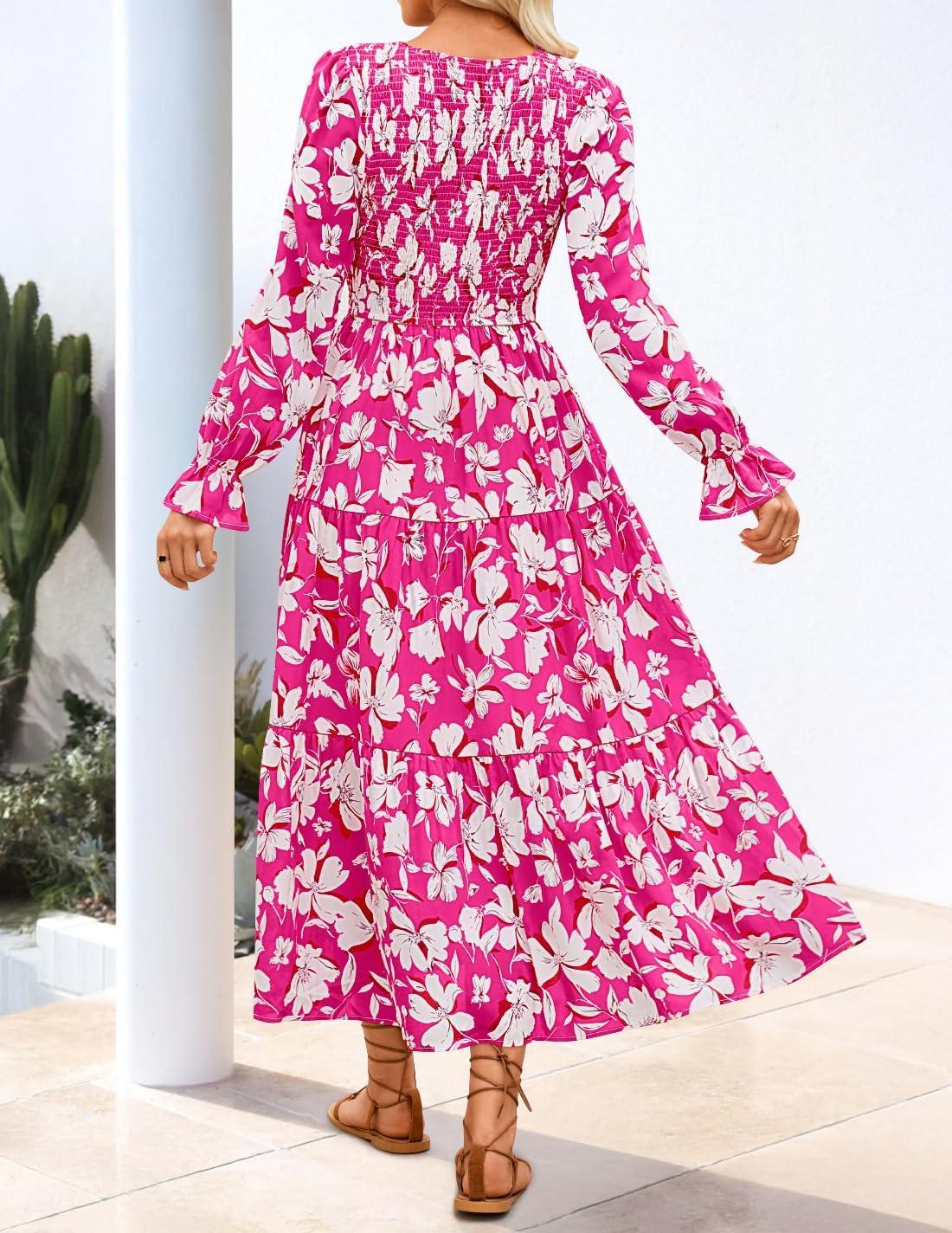 imageZESICA Womens Fall Long Sleeve Floral Boho Dress 2025 Casual V Neck ALine Flowy Wedding Guest Maxi DressesRose