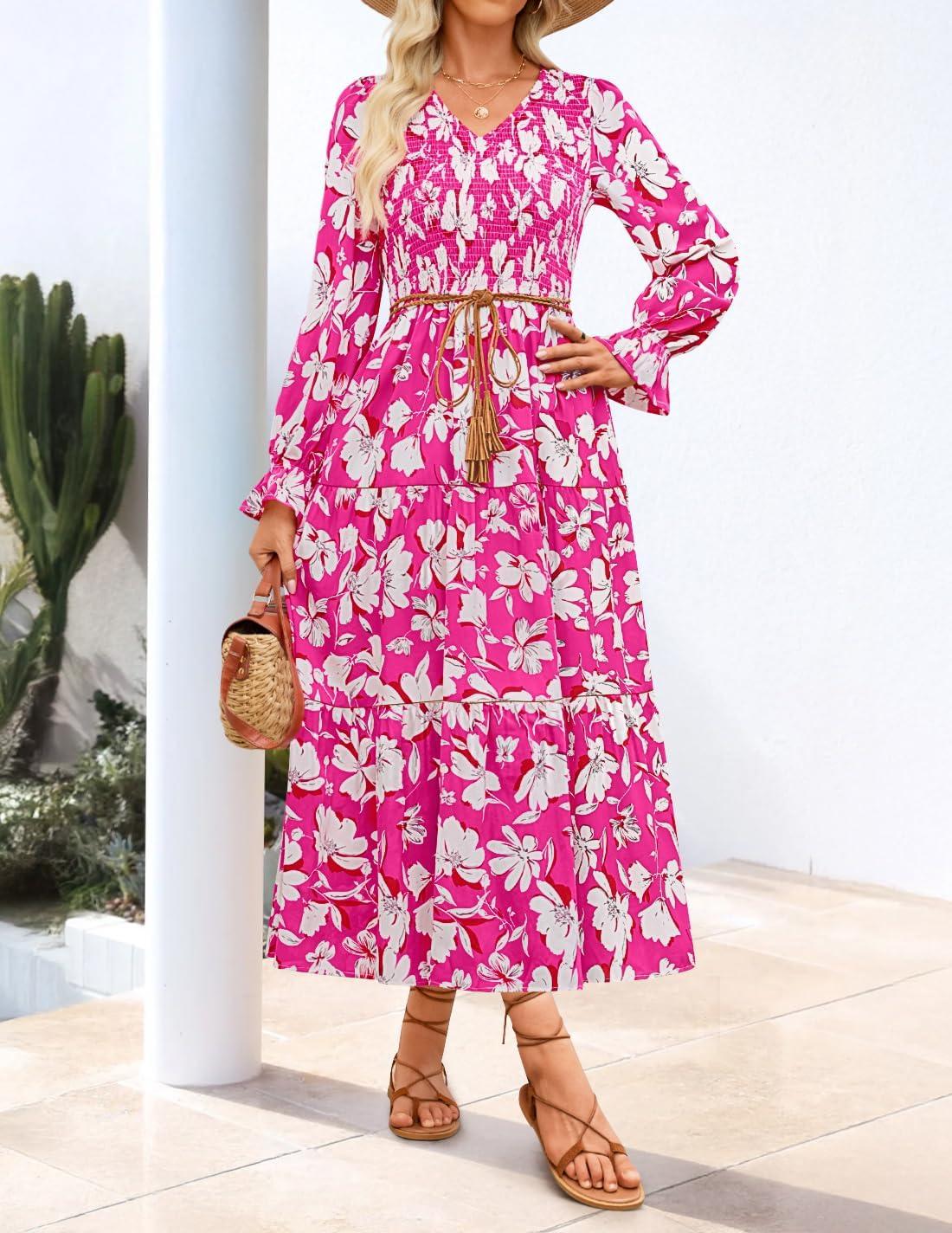imageZESICA Womens Fall Long Sleeve Floral Boho Dress 2025 Casual V Neck ALine Flowy Wedding Guest Maxi DressesRose