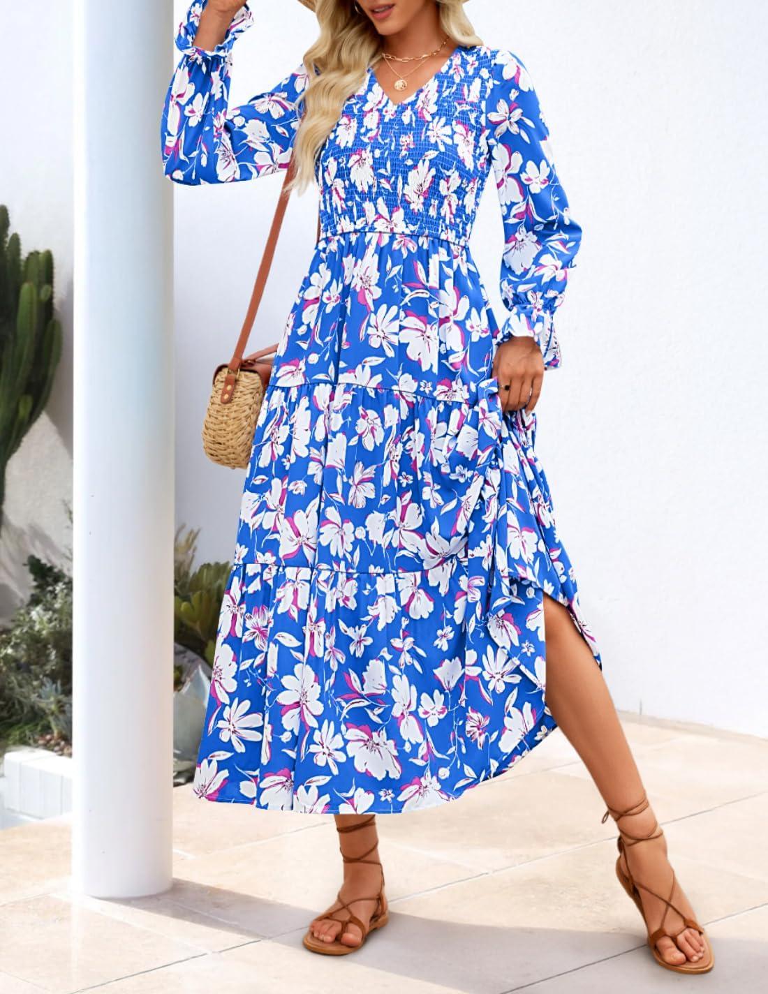 imageZESICA Womens Fall Long Sleeve Floral Boho Dress 2025 Casual V Neck ALine Flowy Wedding Guest Maxi DressesRoyal Blue