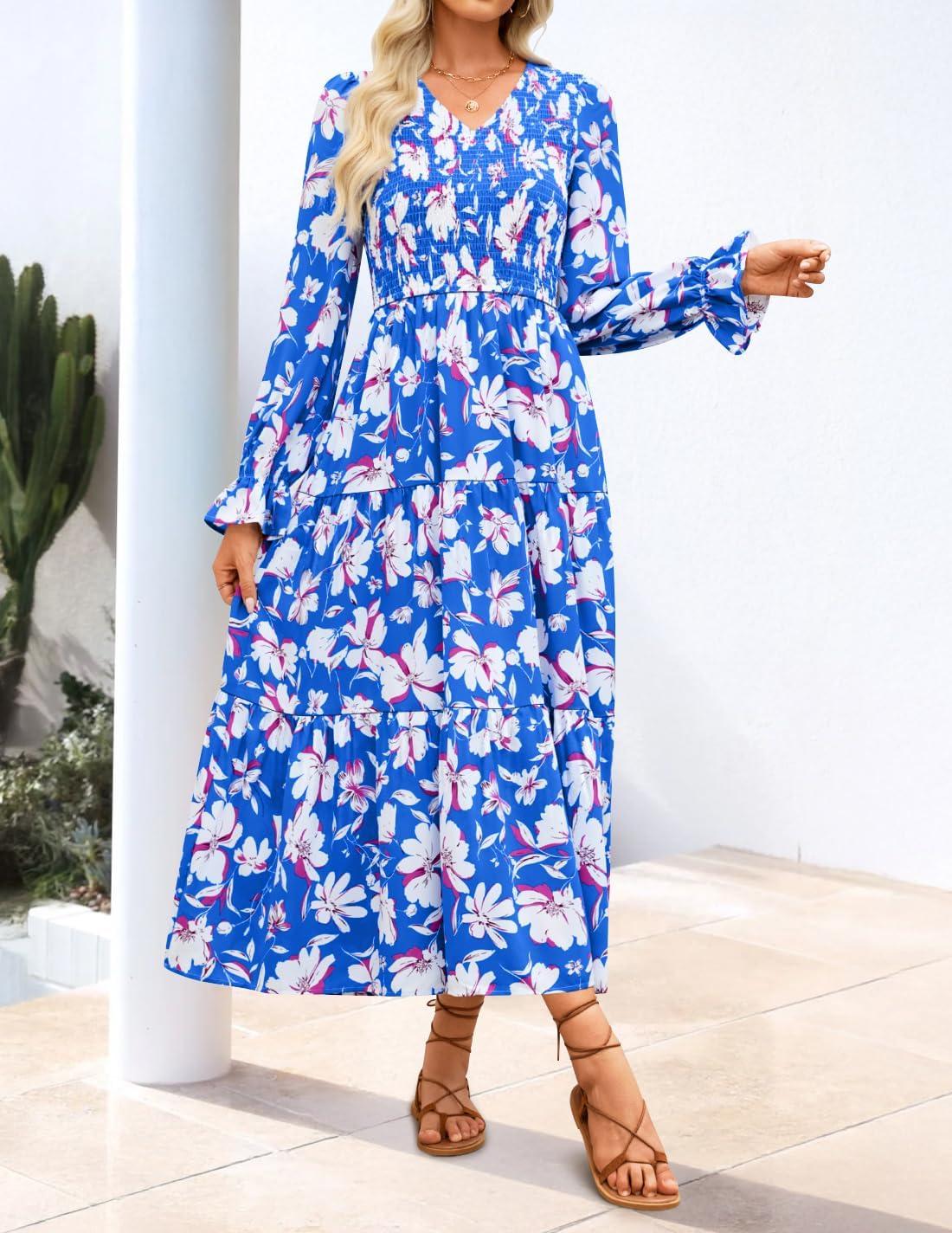 imageZESICA Womens Fall Long Sleeve Floral Boho Dress 2025 Casual V Neck ALine Flowy Wedding Guest Maxi DressesRoyal Blue