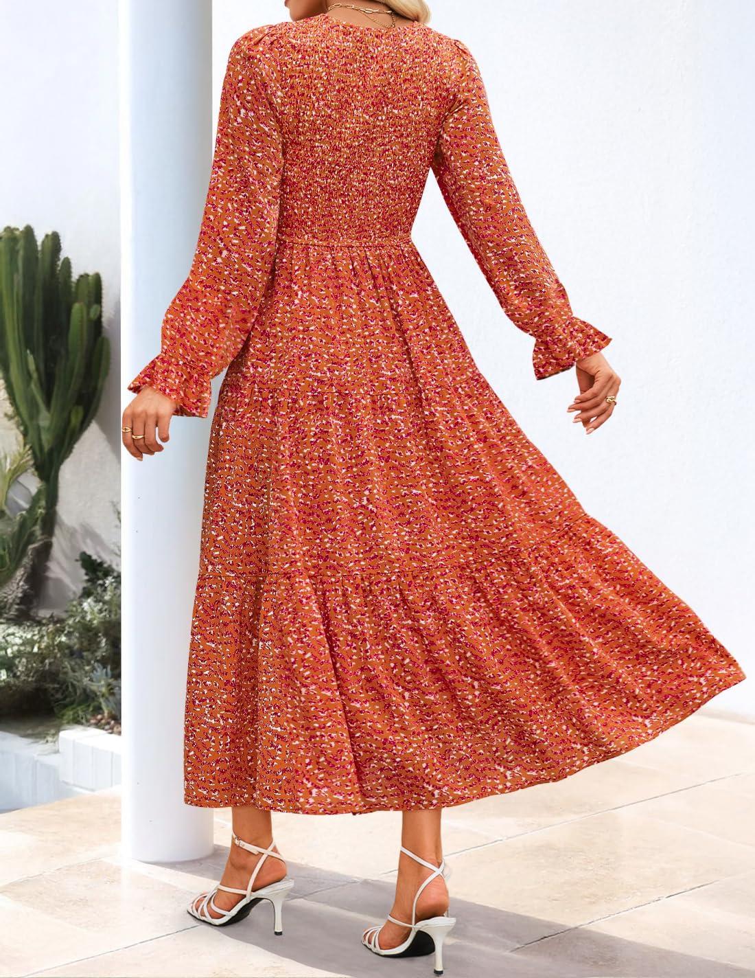 imageZESICA Womens Fall Long Sleeve Floral Boho Dress 2025 Casual V Neck ALine Flowy Wedding Guest Maxi DressesRust