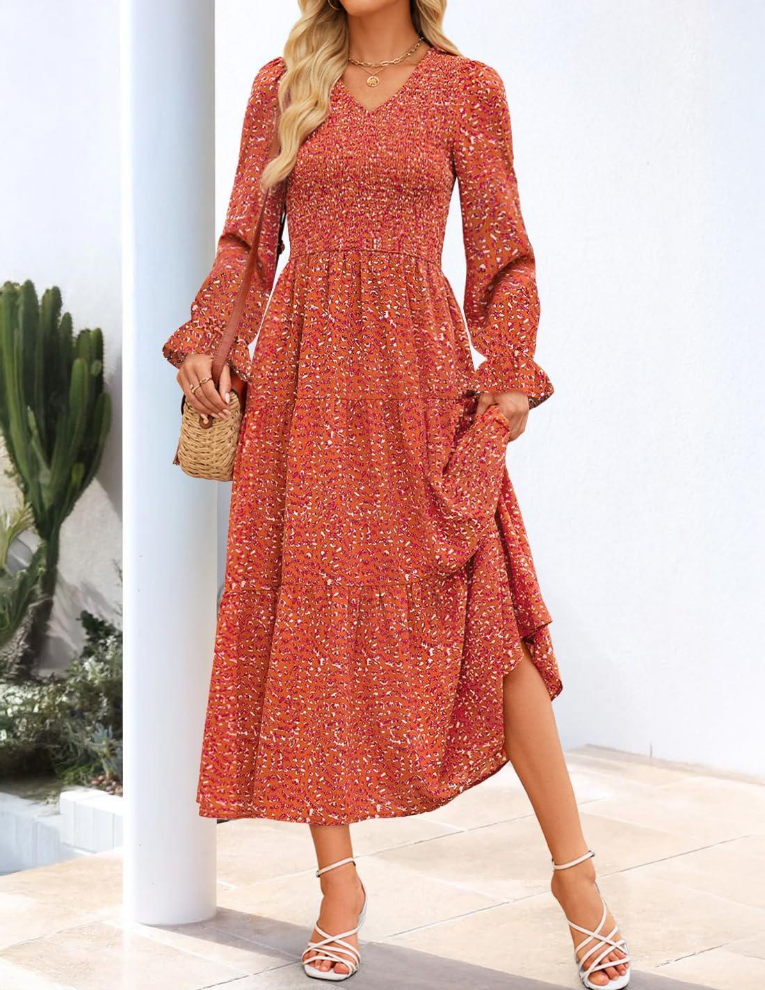 imageZESICA Womens Fall Long Sleeve Floral Boho Dress 2025 Casual V Neck ALine Flowy Wedding Guest Maxi DressesRust