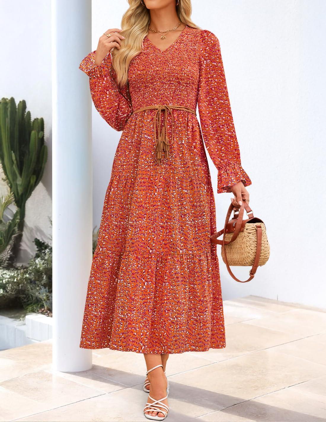 imageZESICA Womens Fall Long Sleeve Floral Boho Dress 2025 Casual V Neck ALine Flowy Wedding Guest Maxi DressesRust