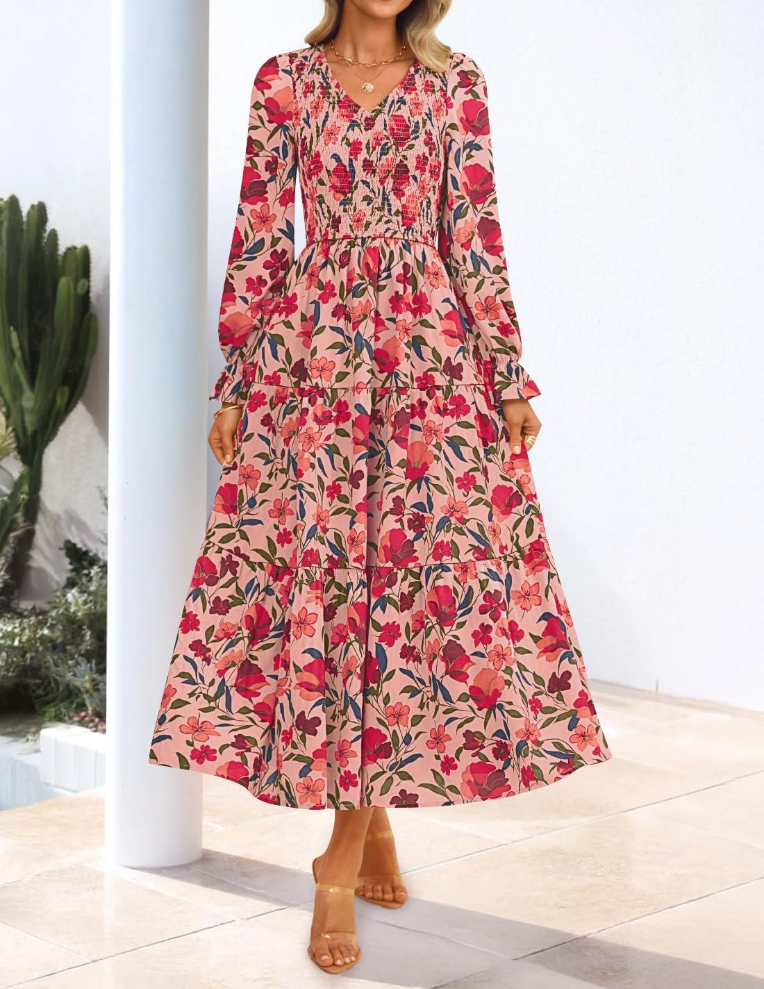 imageZESICA Womens Fall Long Sleeve Floral Boho Dress 2025 Casual V Neck ALine Flowy Wedding Guest Maxi DressesVintage Pink