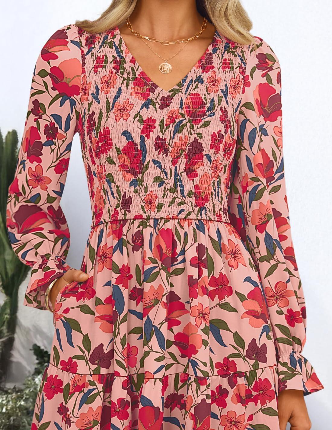 imageZESICA Womens Fall Long Sleeve Floral Boho Dress 2025 Casual V Neck ALine Flowy Wedding Guest Maxi DressesVintage Pink