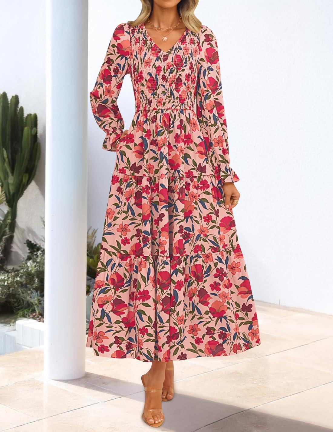 imageZESICA Womens Fall Long Sleeve Floral Boho Dress 2025 Casual V Neck ALine Flowy Wedding Guest Maxi DressesVintage Pink