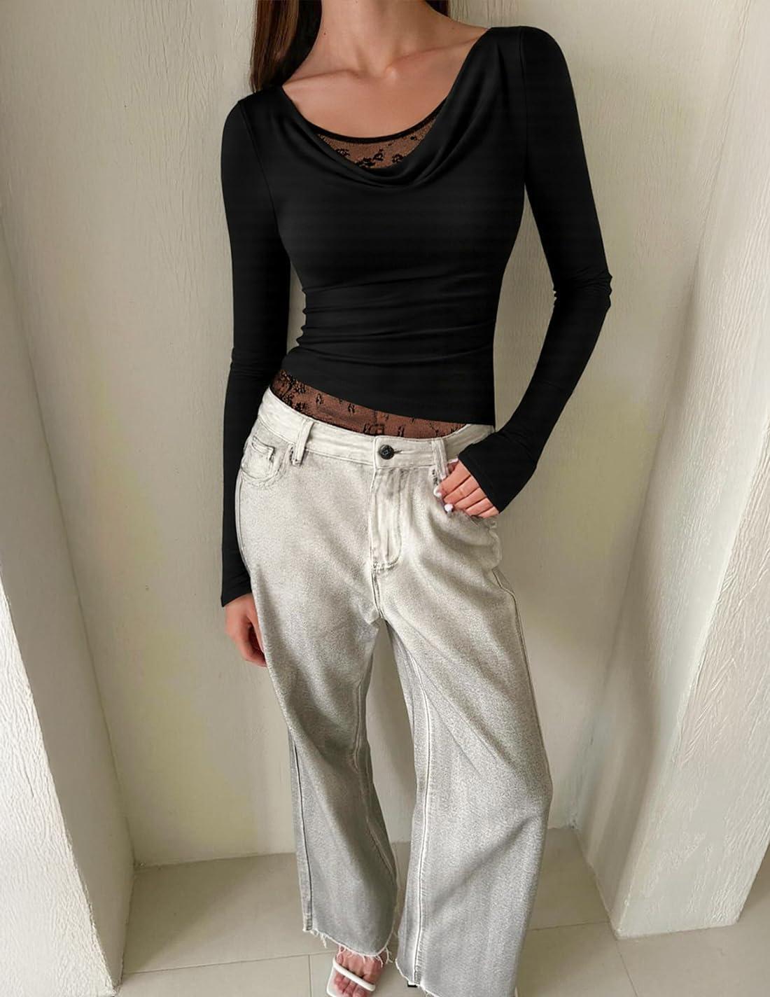imageZESICA Womens Fall Long Sleeve Tops 2025 Casual Cowl Neck Lace Slim Fit Going Out Y2k Knit Shirts BlousesBlack