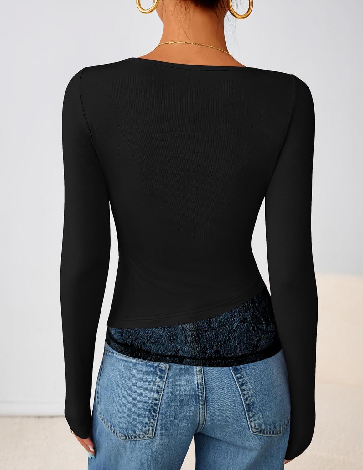 imageZESICA Womens Fall Long Sleeve Tops 2025 Casual Cowl Neck Lace Slim Fit Going Out Y2k Knit Shirts BlousesBlack