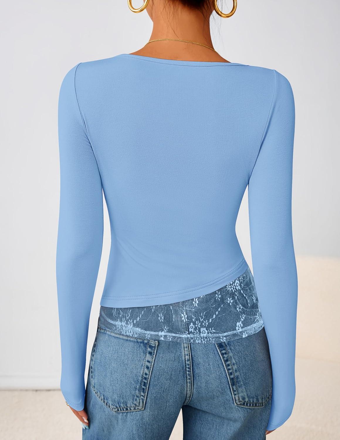 imageZESICA Womens Fall Long Sleeve Tops 2025 Casual Cowl Neck Lace Slim Fit Going Out Y2k Knit Shirts BlousesBlue