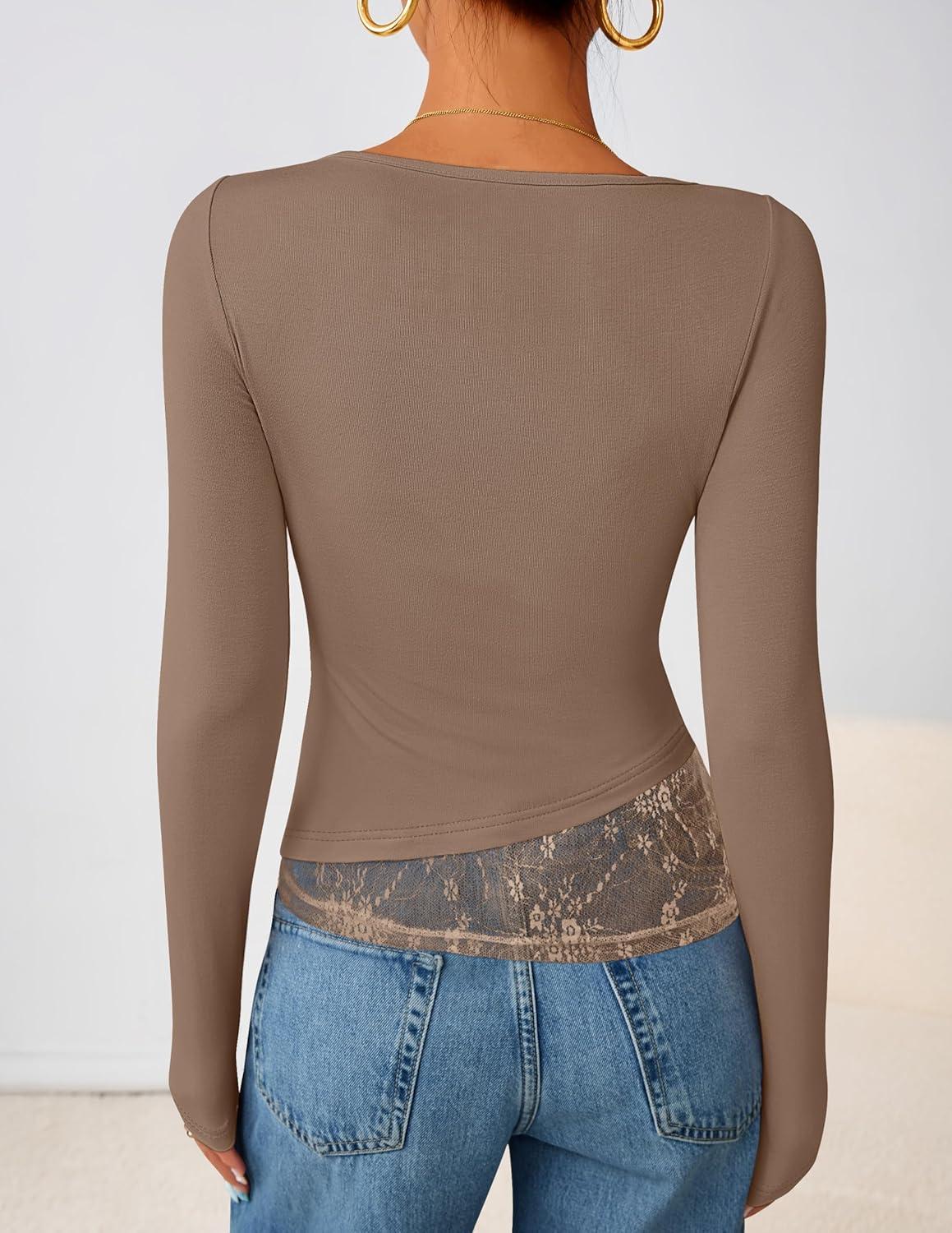 imageZESICA Womens Fall Long Sleeve Tops 2025 Casual Cowl Neck Lace Slim Fit Going Out Y2k Knit Shirts BlousesKhaki