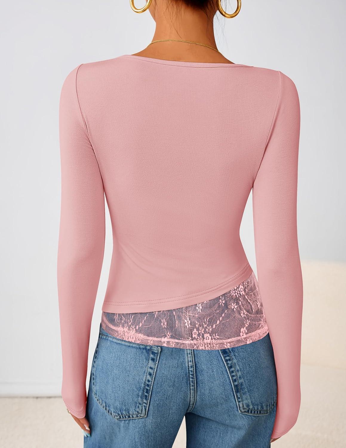 imageZESICA Womens Fall Long Sleeve Tops 2025 Casual Cowl Neck Lace Slim Fit Going Out Y2k Knit Shirts BlousesPink