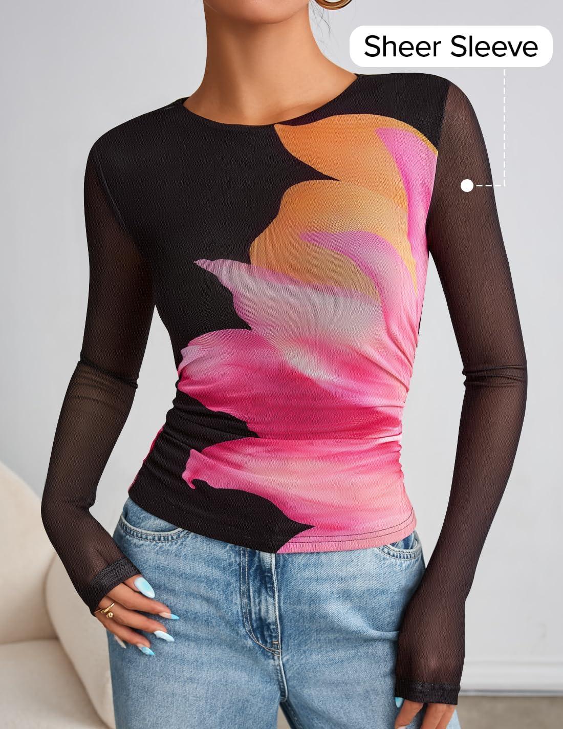 imageZESICA Womens Floral Mesh Going Out Tops Fall Long Sleeve Crewneck Slim Fit Ruched Y2k Shirts Beach Vacation OutfitsBlack