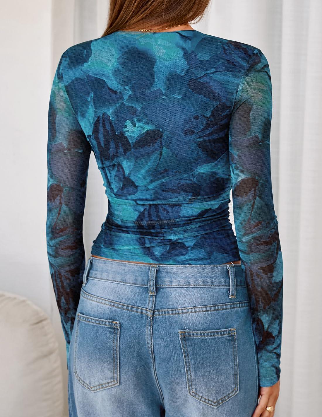 imageZESICA Womens Floral Mesh Going Out Tops Fall Long Sleeve Crewneck Slim Fit Ruched Y2k Shirts Beach Vacation OutfitsBlue