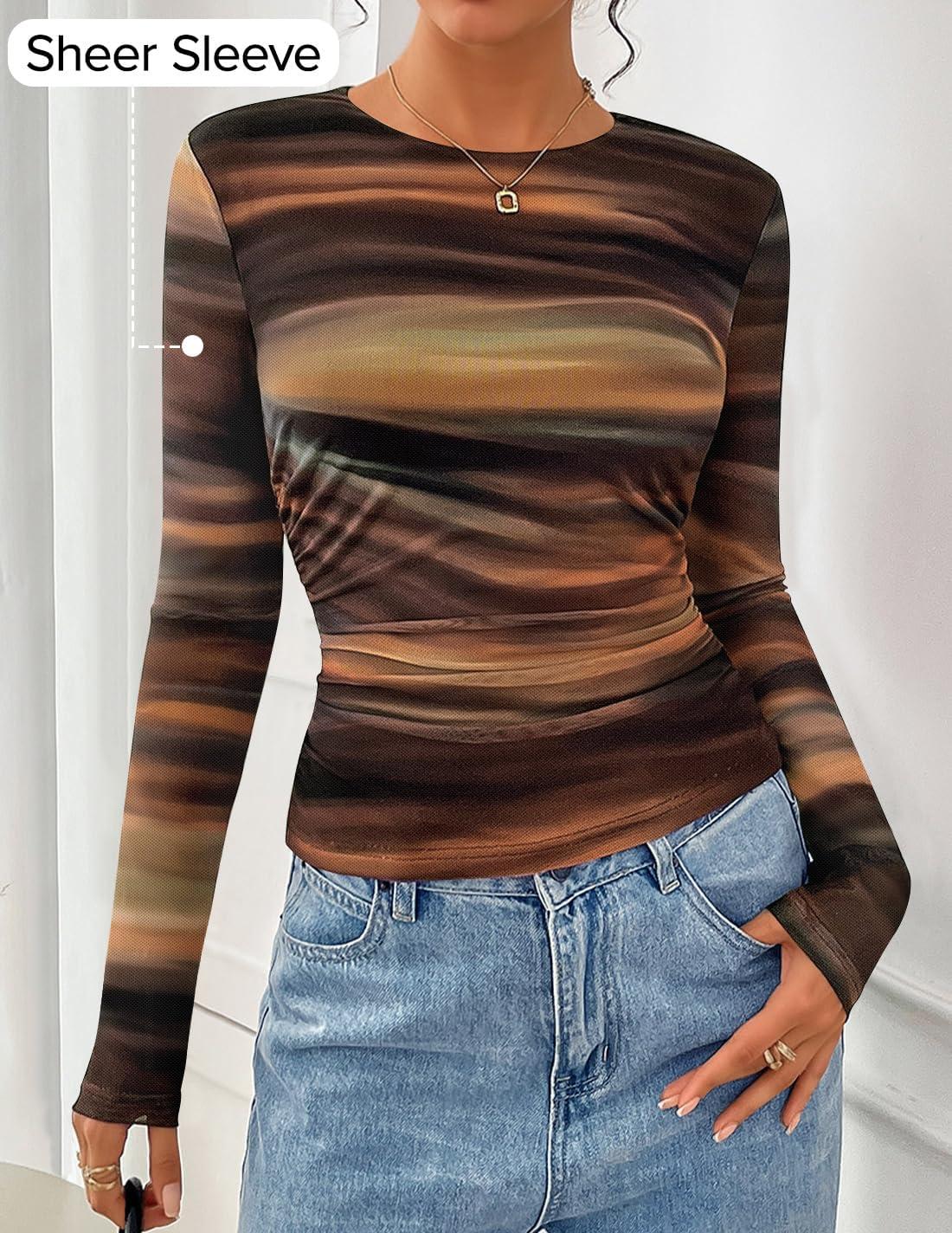 imageZESICA Womens Floral Mesh Going Out Tops Fall Long Sleeve Crewneck Slim Fit Ruched Y2k Shirts Beach Vacation OutfitsBrown