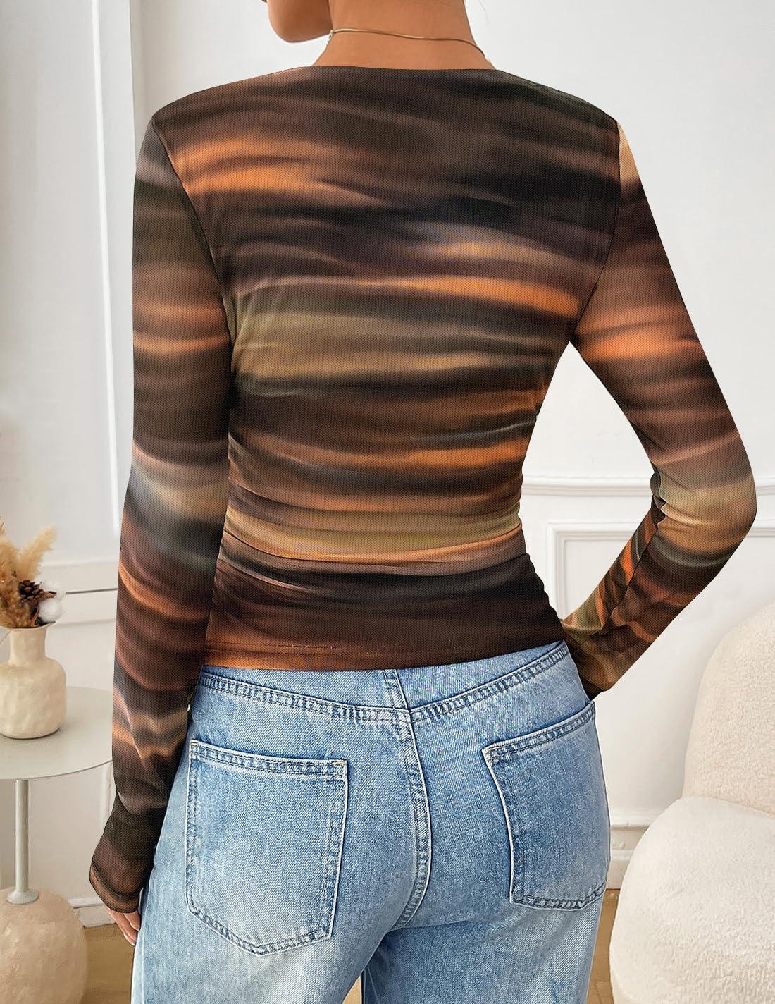 imageZESICA Womens Floral Mesh Going Out Tops Fall Long Sleeve Crewneck Slim Fit Ruched Y2k Shirts Beach Vacation OutfitsBrown