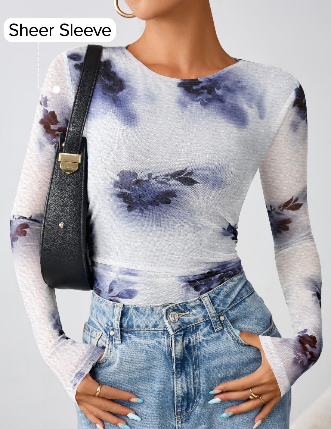 imageZESICA Womens Floral Mesh Going Out Tops Fall Long Sleeve Crewneck Slim Fit Ruched Y2k Shirts Beach Vacation OutfitsGray Blue