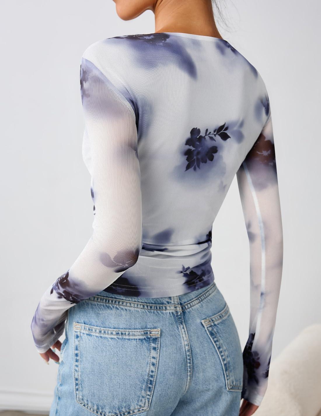 imageZESICA Womens Floral Mesh Going Out Tops Fall Long Sleeve Crewneck Slim Fit Ruched Y2k Shirts Beach Vacation OutfitsGray Blue