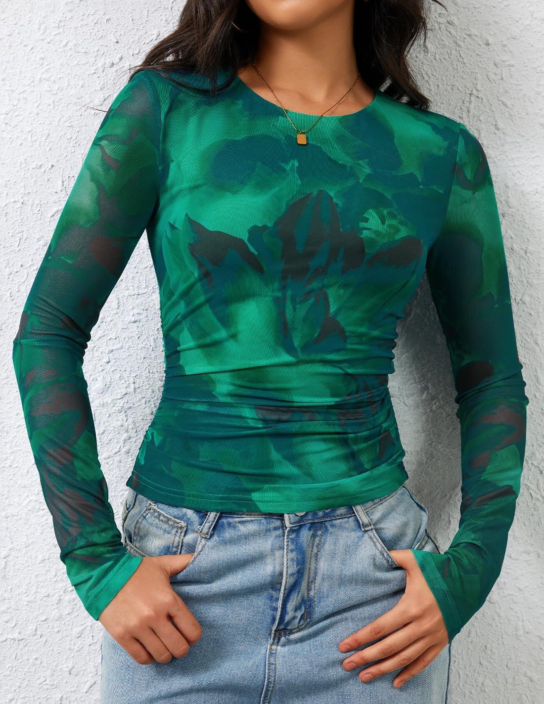 imageZESICA Womens Floral Mesh Going Out Tops Fall Long Sleeve Crewneck Slim Fit Ruched Y2k Shirts Beach Vacation OutfitsGreen
