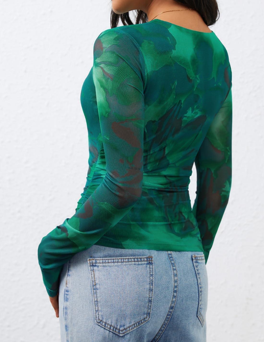 imageZESICA Womens Floral Mesh Going Out Tops Fall Long Sleeve Crewneck Slim Fit Ruched Y2k Shirts Beach Vacation OutfitsGreen