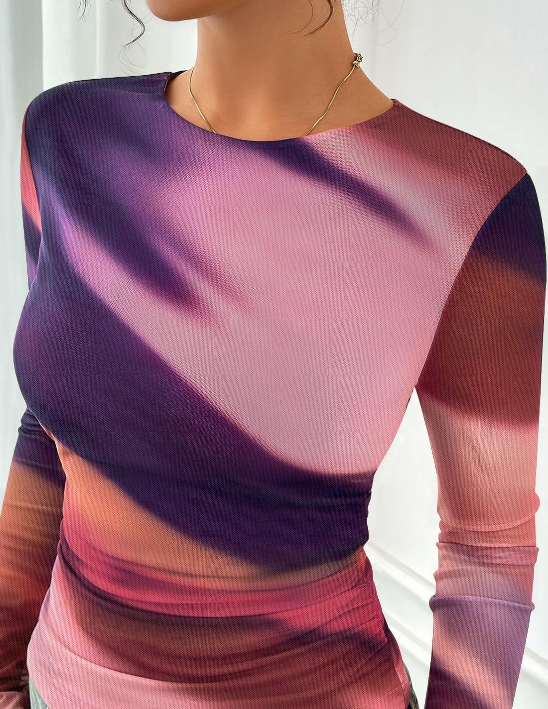 imageZESICA Womens Floral Mesh Going Out Tops Fall Long Sleeve Crewneck Slim Fit Ruched Y2k Shirts Beach Vacation OutfitsMulticolour