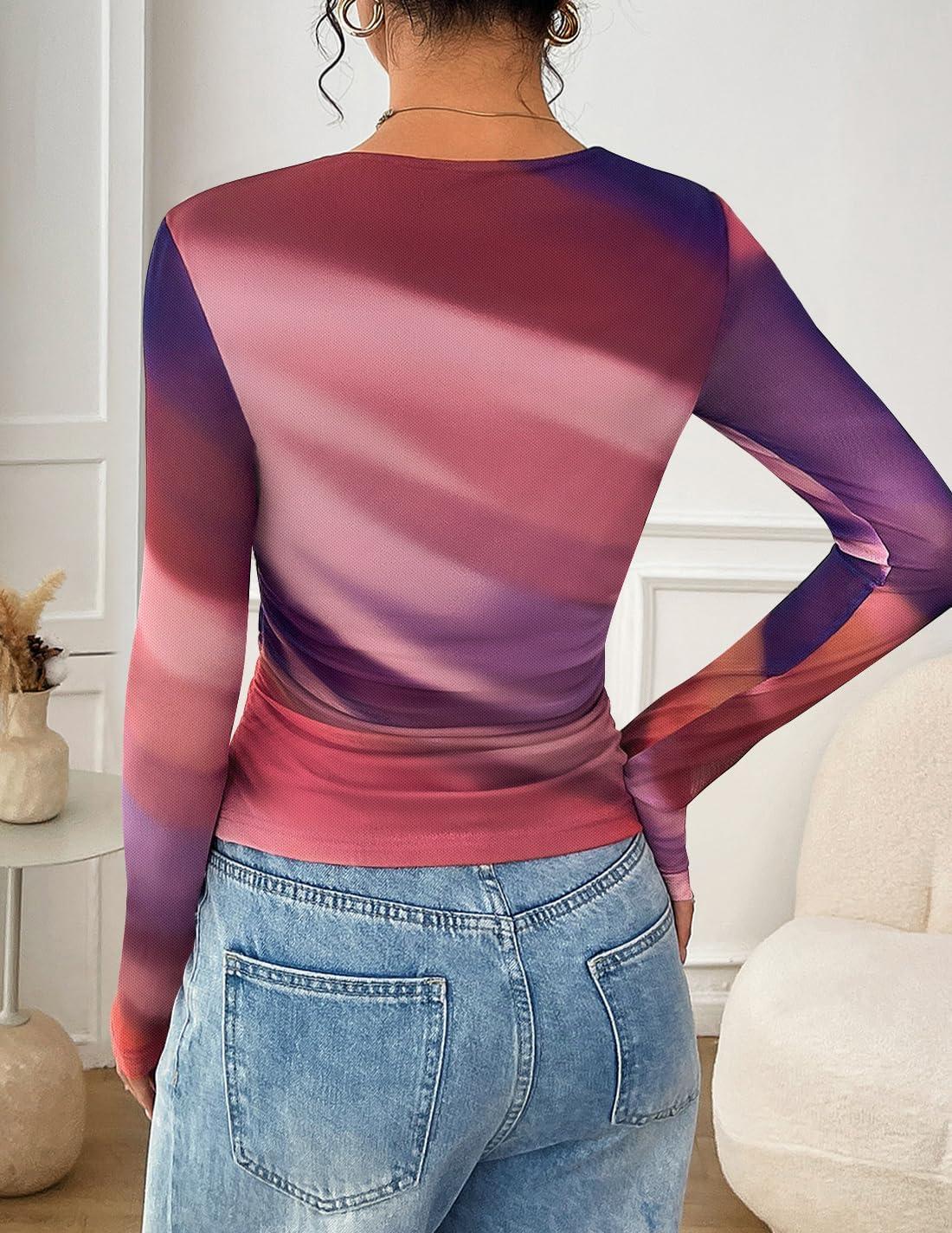 imageZESICA Womens Floral Mesh Going Out Tops Fall Long Sleeve Crewneck Slim Fit Ruched Y2k Shirts Beach Vacation OutfitsMulticolour