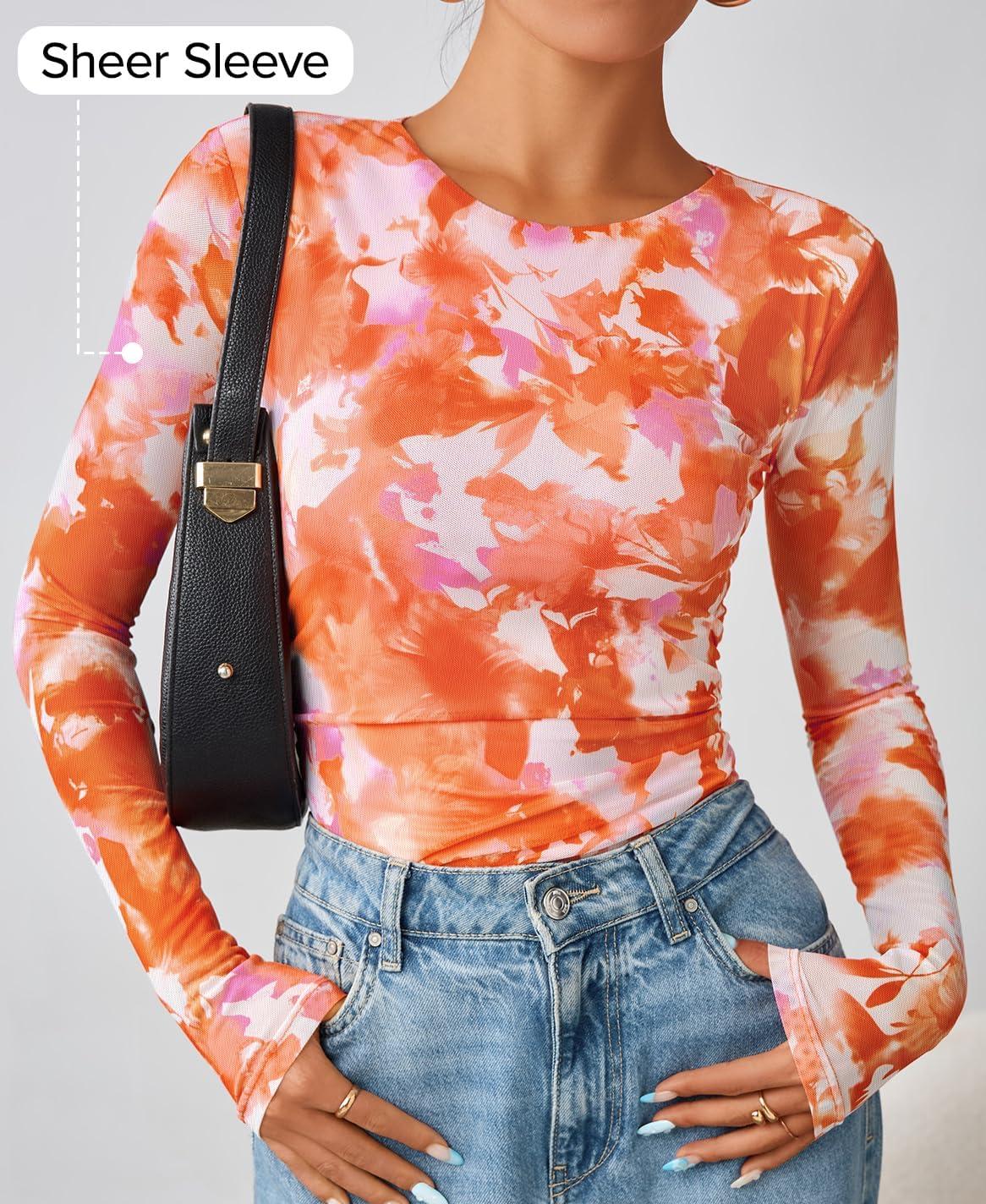 imageZESICA Womens Floral Mesh Going Out Tops Fall Long Sleeve Crewneck Slim Fit Ruched Y2k Shirts Beach Vacation OutfitsOrange