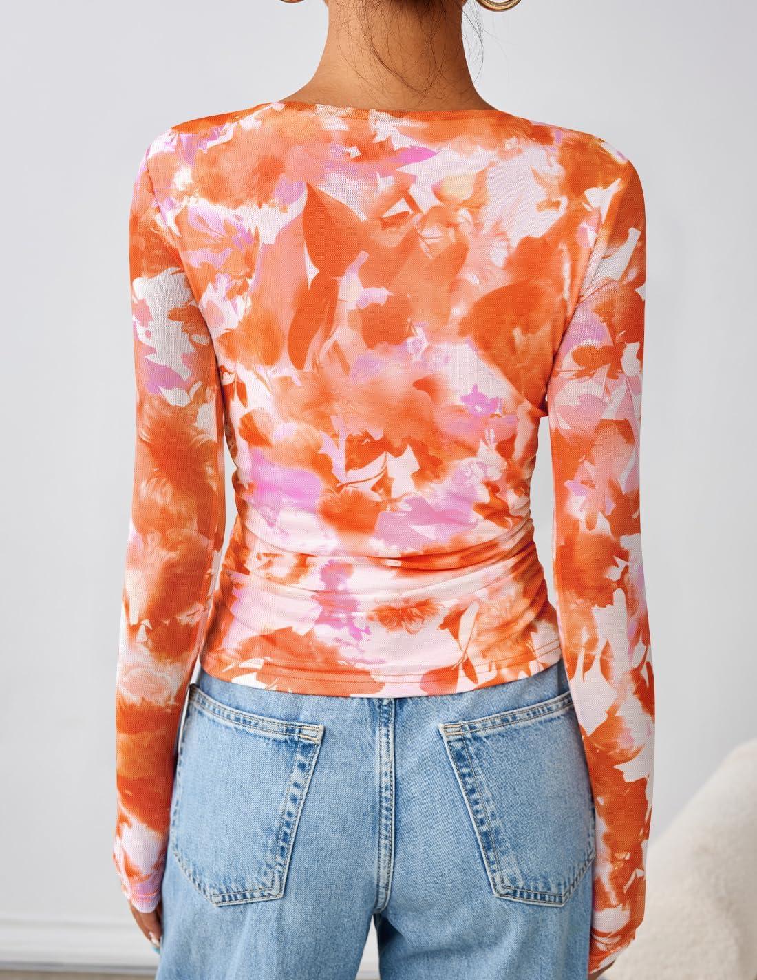 imageZESICA Womens Floral Mesh Going Out Tops Fall Long Sleeve Crewneck Slim Fit Ruched Y2k Shirts Beach Vacation OutfitsOrange