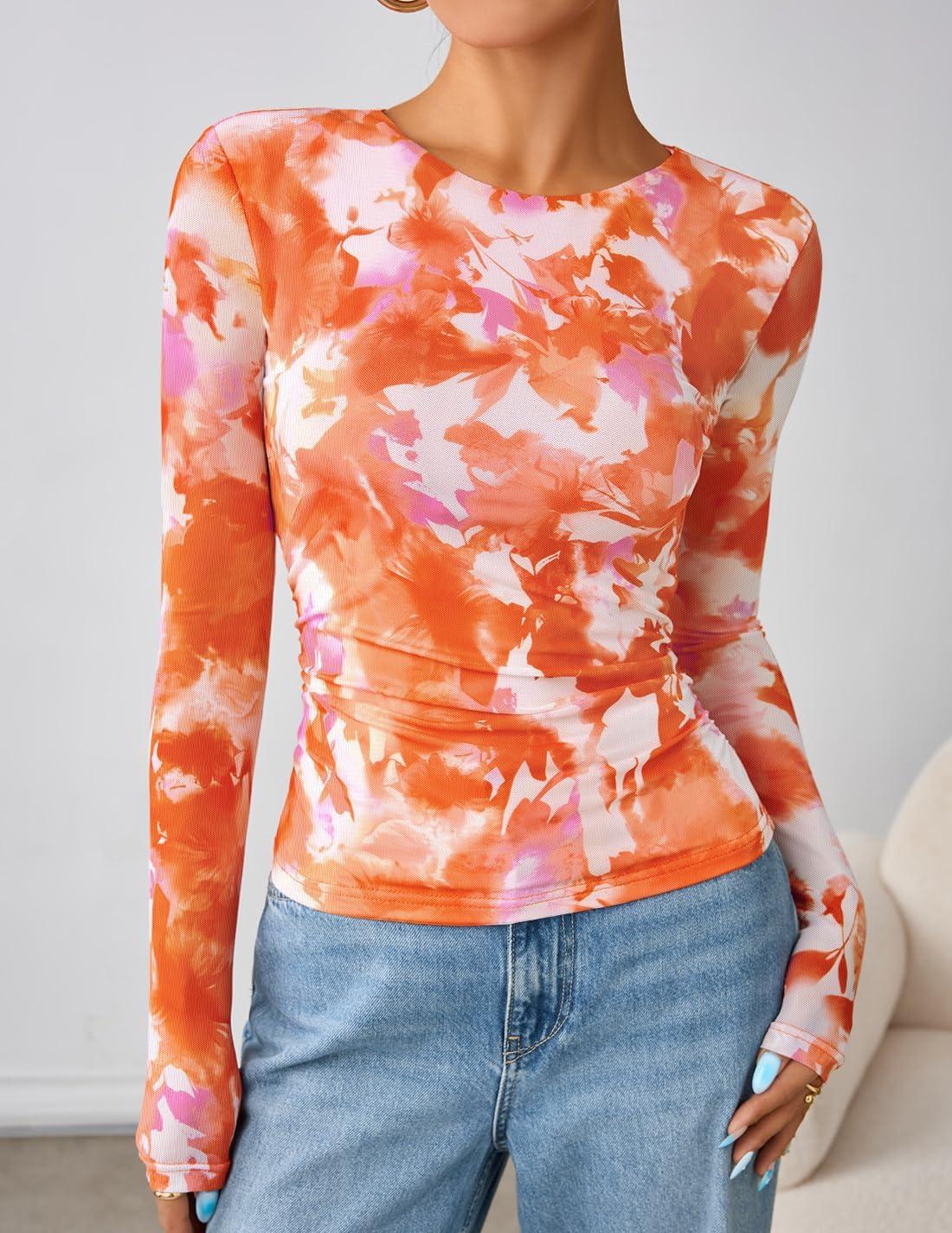 imageZESICA Womens Floral Mesh Going Out Tops Fall Long Sleeve Crewneck Slim Fit Ruched Y2k Shirts Beach Vacation OutfitsOrange