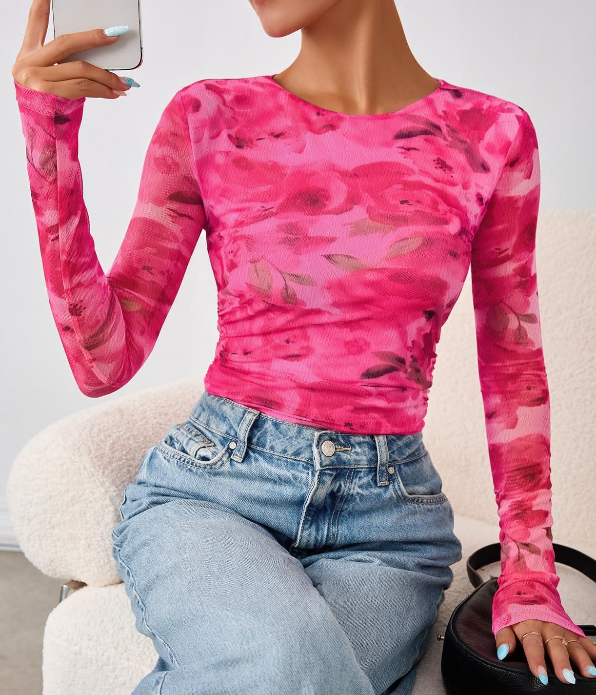 imageZESICA Womens Floral Mesh Going Out Tops Fall Long Sleeve Crewneck Slim Fit Ruched Y2k Shirts Beach Vacation OutfitsPink