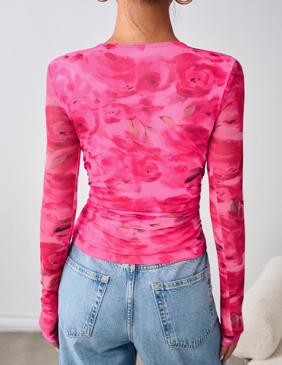 imageZESICA Womens Floral Mesh Going Out Tops Fall Long Sleeve Crewneck Slim Fit Ruched Y2k Shirts Beach Vacation OutfitsPink