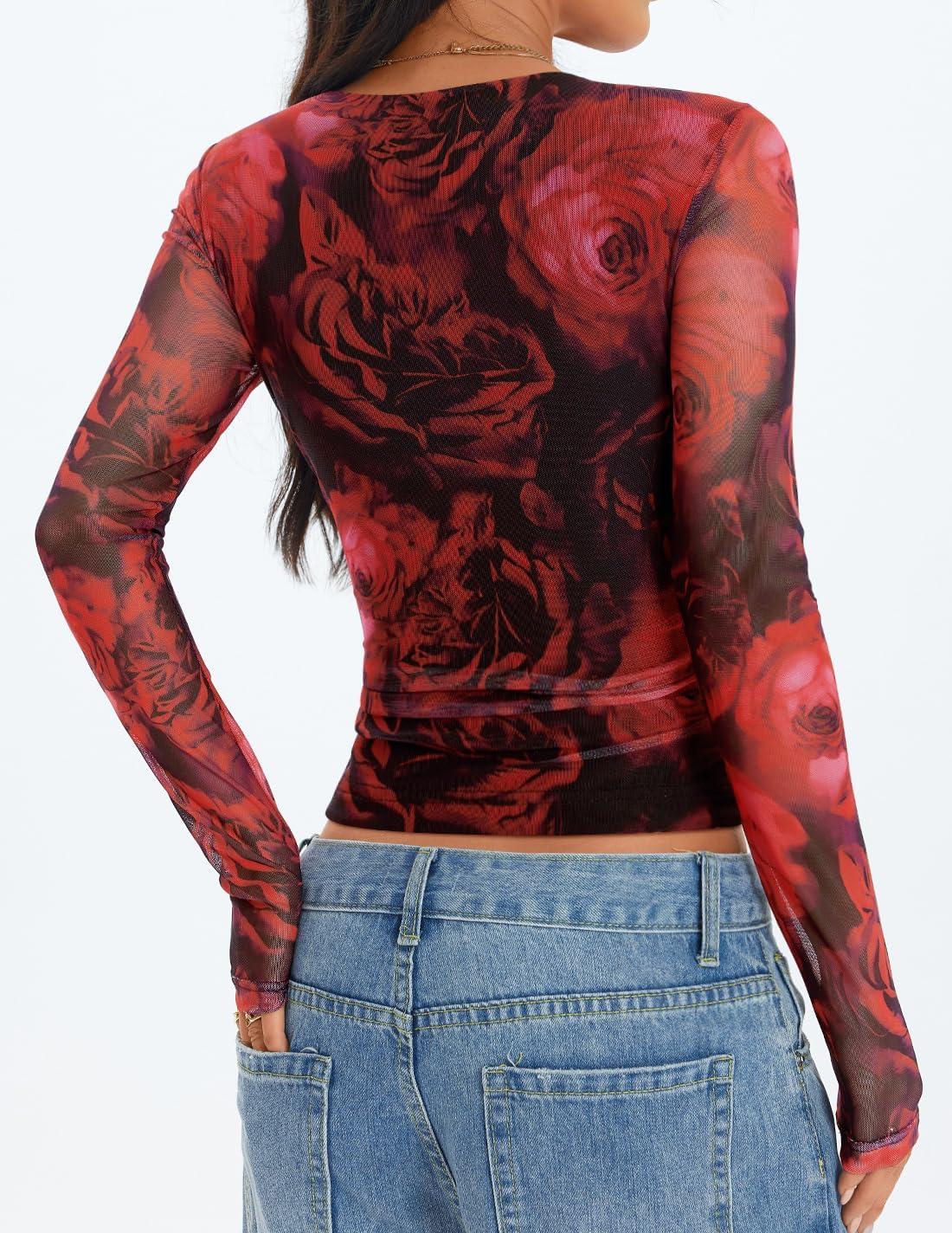 imageZESICA Womens Floral Mesh Going Out Tops Fall Long Sleeve Crewneck Slim Fit Ruched Y2k Shirts Beach Vacation OutfitsRed