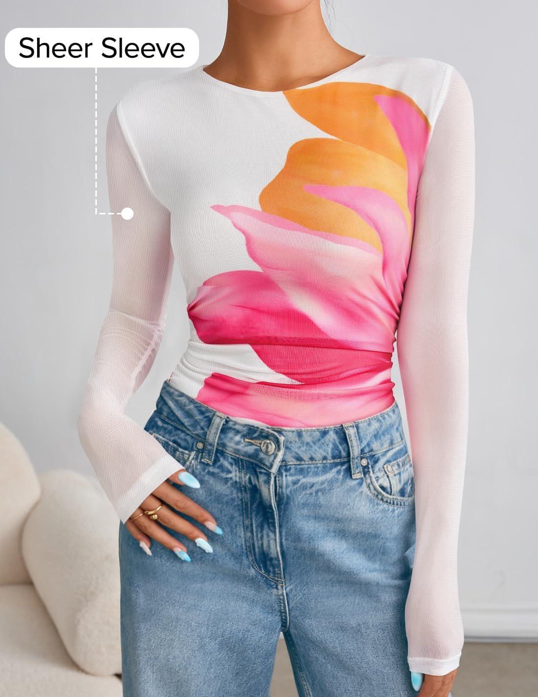 imageZESICA Womens Floral Mesh Going Out Tops Fall Long Sleeve Crewneck Slim Fit Ruched Y2k Shirts Beach Vacation OutfitsWhite